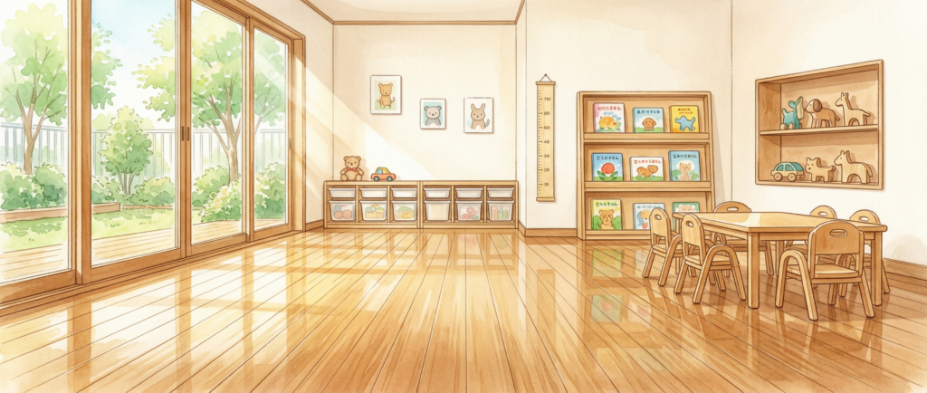 保育園の無垢フローリングをBONAダストフリーサンディングで再生した施工後の清潔な床