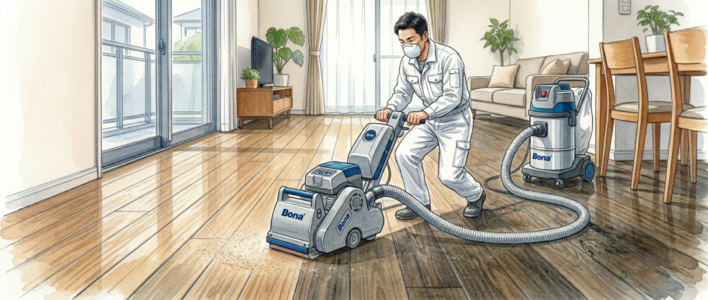 BONA社認定機器によるフロアサンディング施工シーン