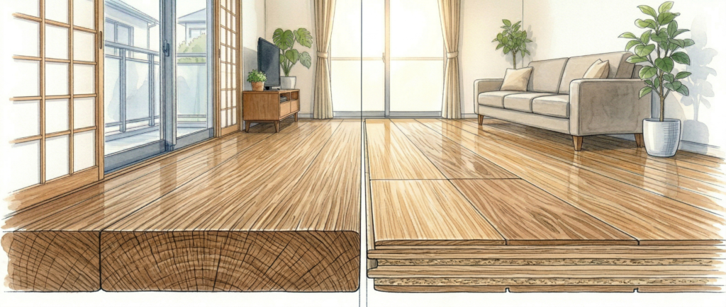 無垢フローリングとシートフローリングの断面比較