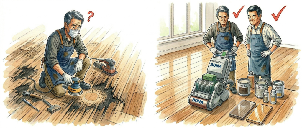 無垢フローリングとシートフローリングの断面比較イメージ