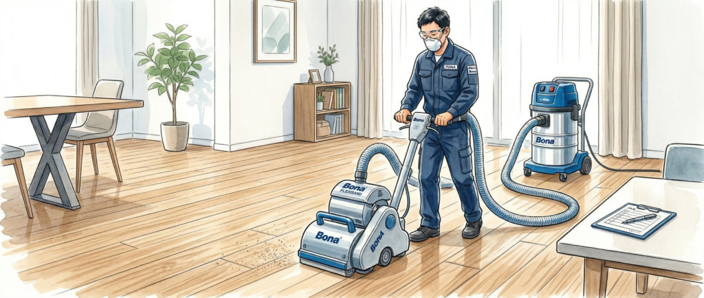 BONAダストフリーサンディングシステムを使った住宅フローリングの研磨施工の様子