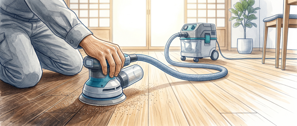 フロアサンディング施工後の美しく再生された無垢フローリング