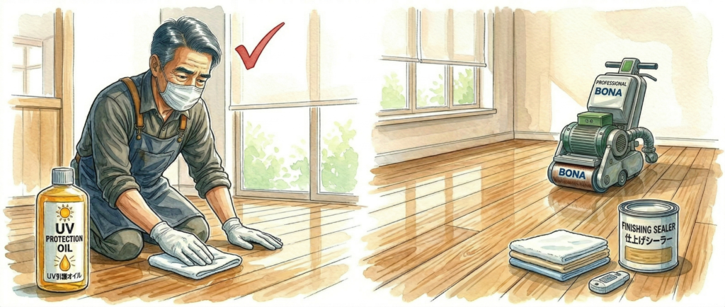 無垢フローリングにオイルを塗布するメンテナンス作業