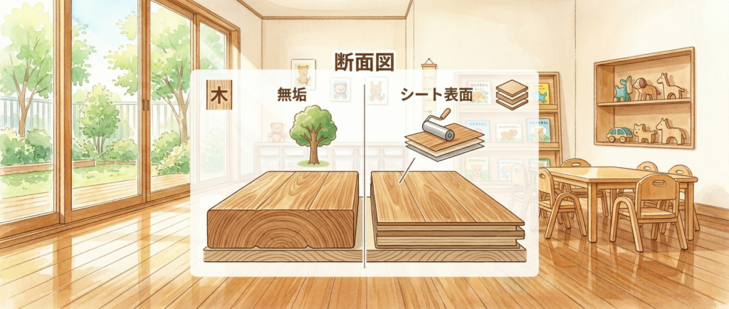 施工可能な無垢フローリング(左)と施工不可のシートフローリング(右)の断面比較イラスト