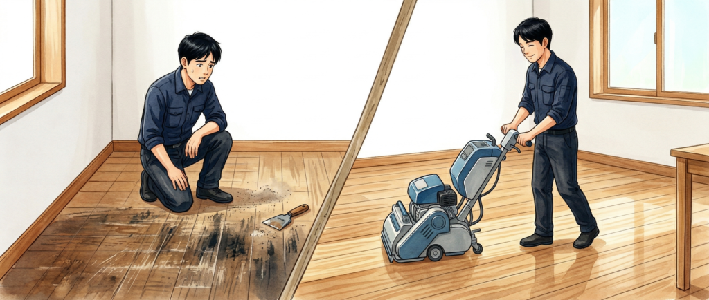 DIYのフローリング研磨と専門業者の作業を比較するイメージ