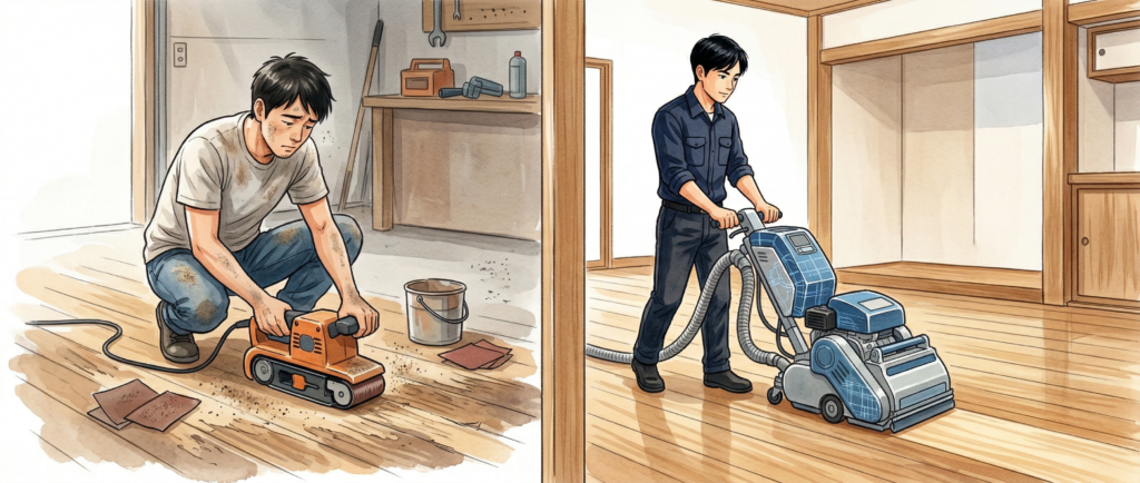 DIYのフローリング研磨と専門業者の作業を比較するイメージ