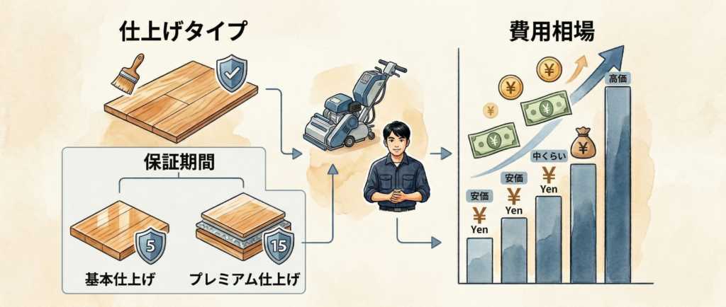 フローリング研磨の仕上げ種別と費用相場を示すイメージ