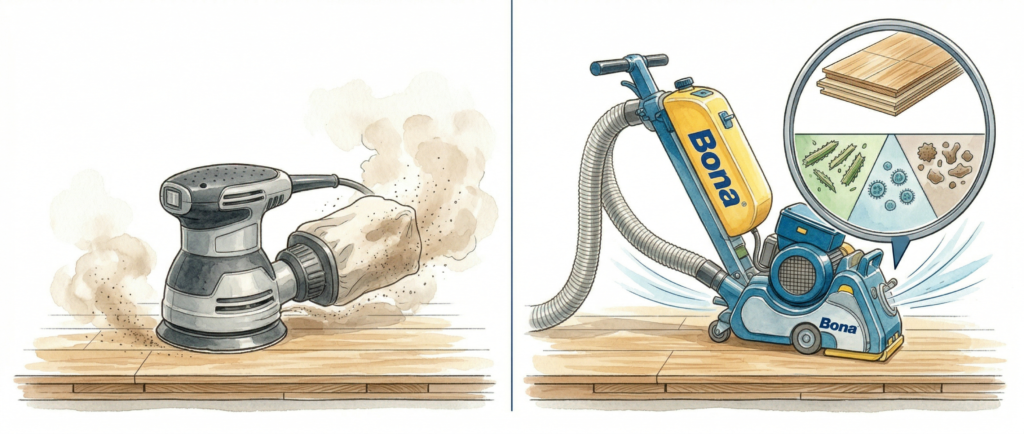 市販DIYサンダーとBONAプロ集塵システムの粉塵除去能力の違いを示す比較イメージ