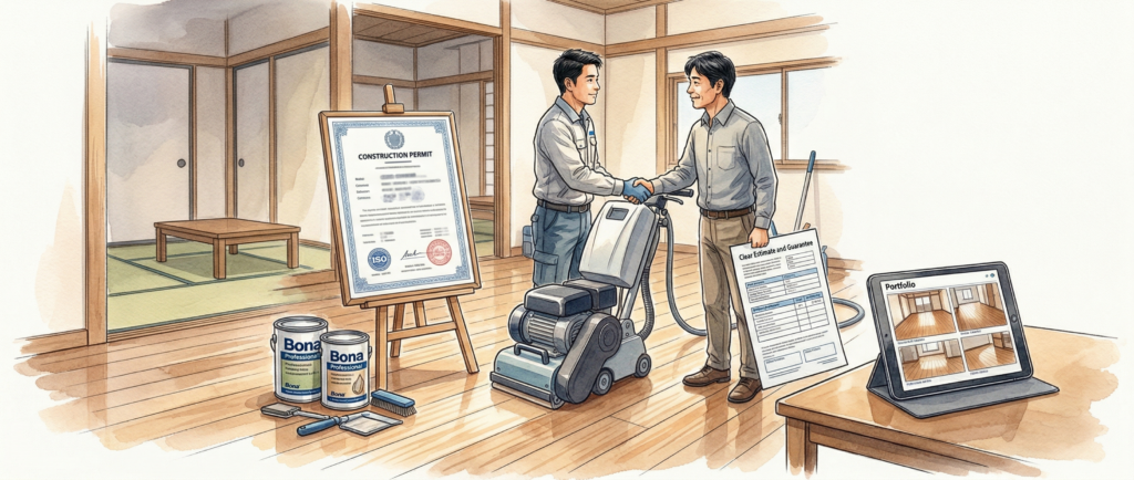 フロアサンディング施工後の美しく再生された無垢フローリングのリビング全景