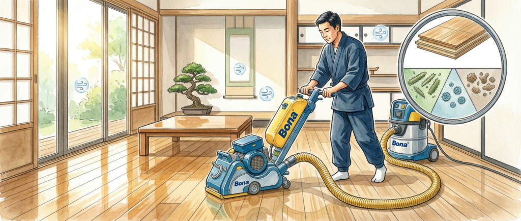 BONA DCS70集塵システムと研磨機を組み合わせたダストフリーサンディングの施工シーン