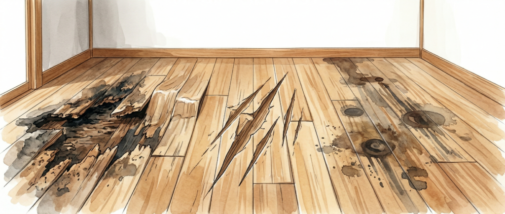腐食・変形・深い傷など研磨が向かないフローリングの状態イメージ