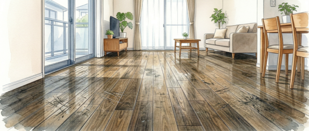 ワックスの重ね塗りで黒ずみ・くすみが目立つ古いフローリング