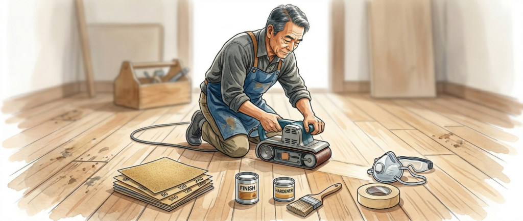 電動サンダーで無垢フローリングを研磨するDIY作業のクローズアップ