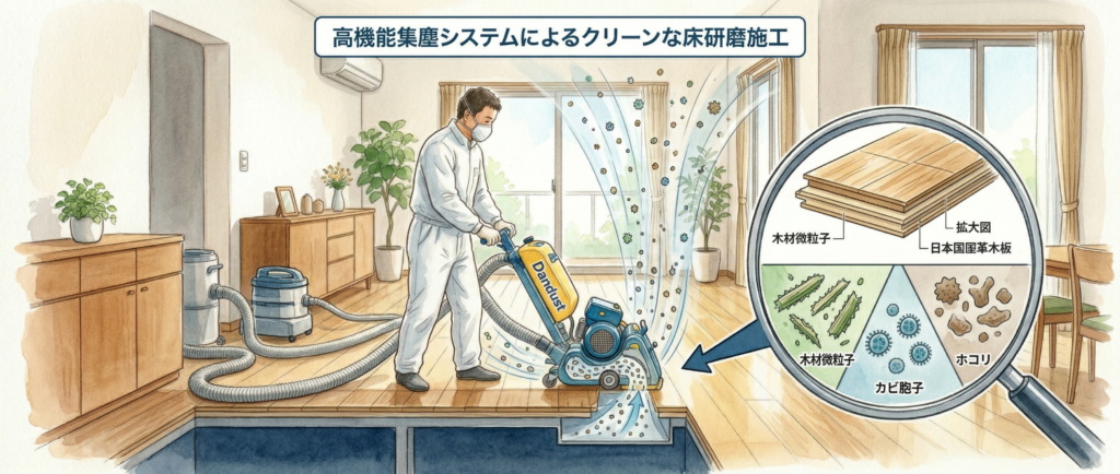 床サンディング時に木材粉塵・塗膜粉塵・ハウスダストが空気中に舞い上がるイメージ図