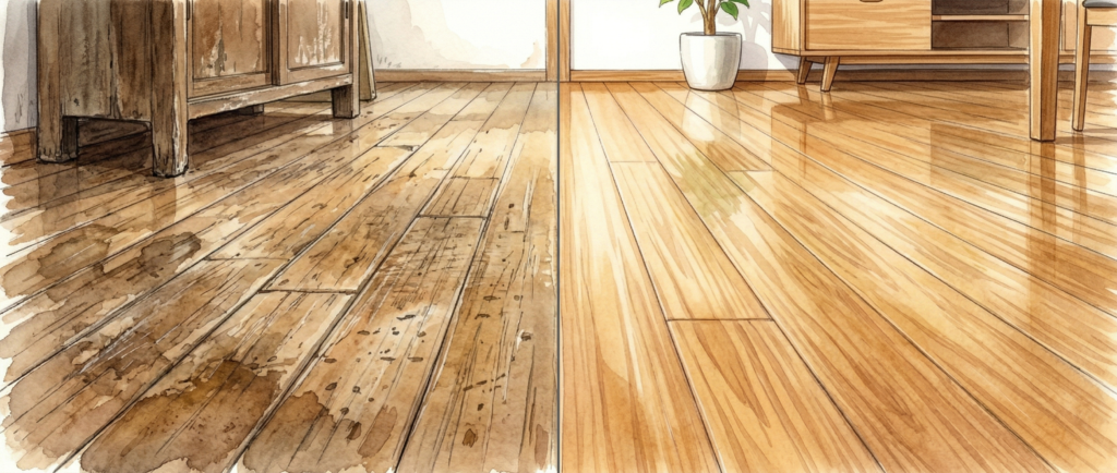 フロアサンディング施工前後の無垢床の違いを示す比較写真