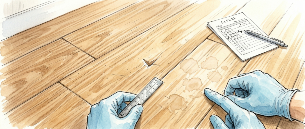 無垢床のへこみや染みの深さを確認する施工前チェックのイメージ