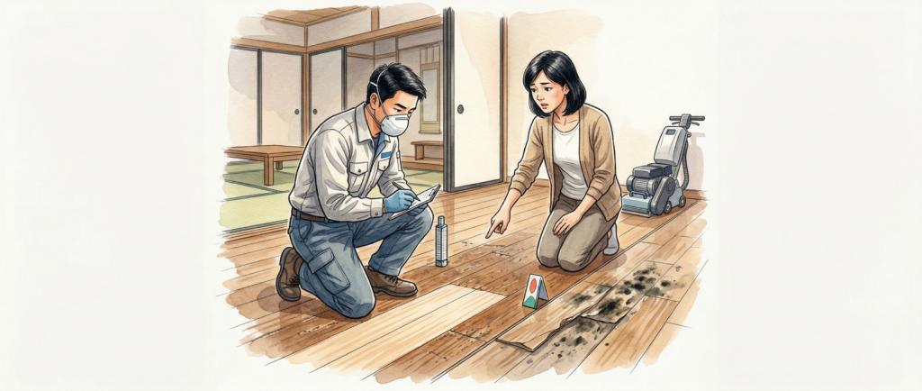 無垢フローリングと複合フローリングの断面比較。施工可能な表面材の厚みを示す近接写真