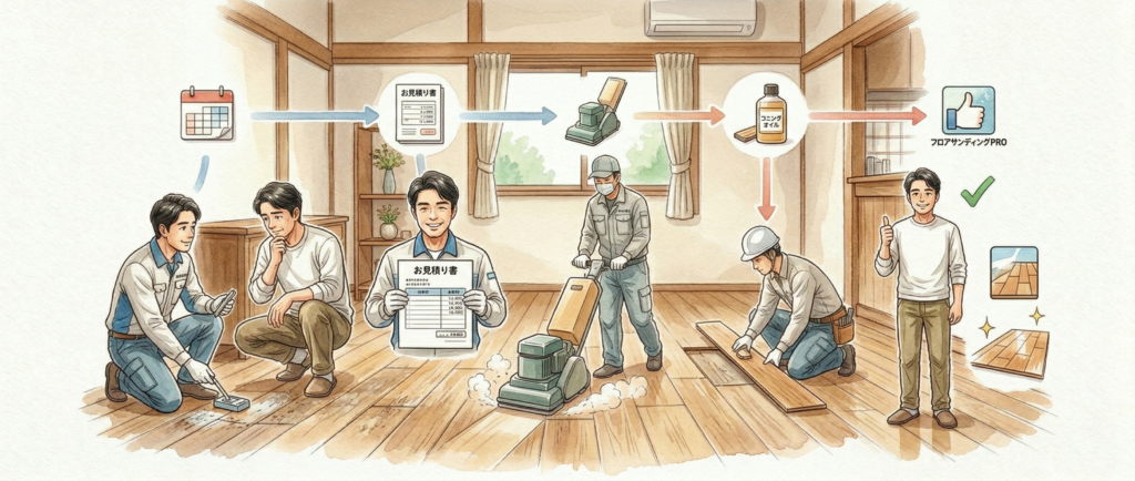 フロアサンディングPRO施工の流れ7ステップ図解