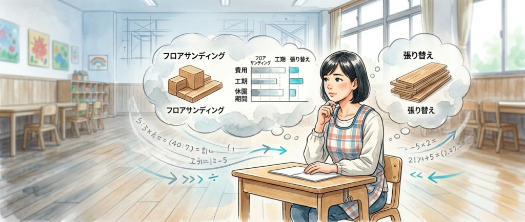 フロアサンディング費用と床張り替え費用の比較イメージ