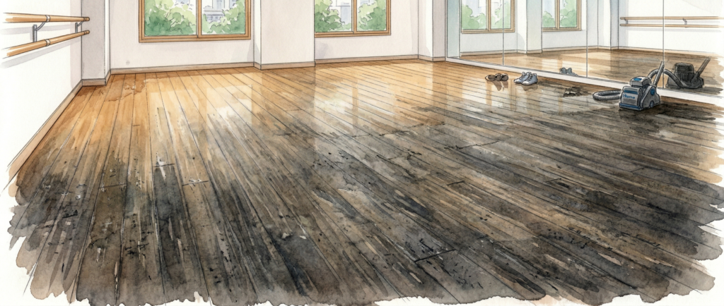 摩耗・ワックス劣化・汚れ蓄積で黒ずんだダンススタジオの無垢フローリング表面