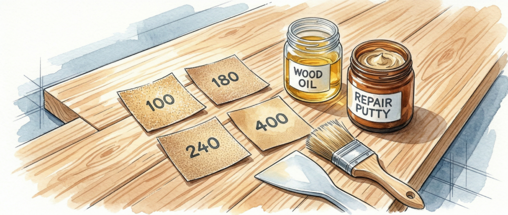 無垢床のDIY補修に使うサンドペーパーと無垢床用オイルの道具一覧