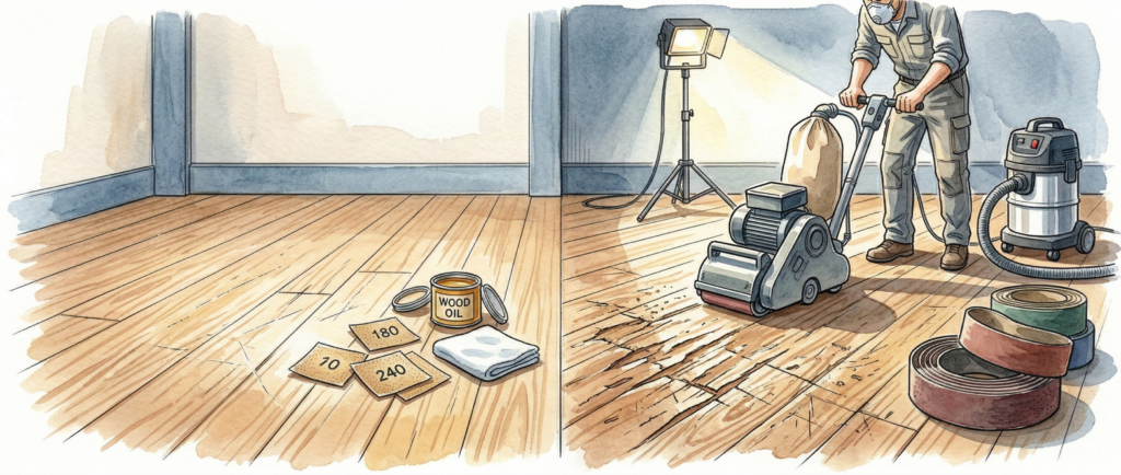 DIY補修とプロのフロアサンディングの適用範囲の比較