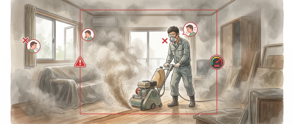 フローリング研磨で大量の木粉塵が空気中に舞い上がっている従来工法の施工現場