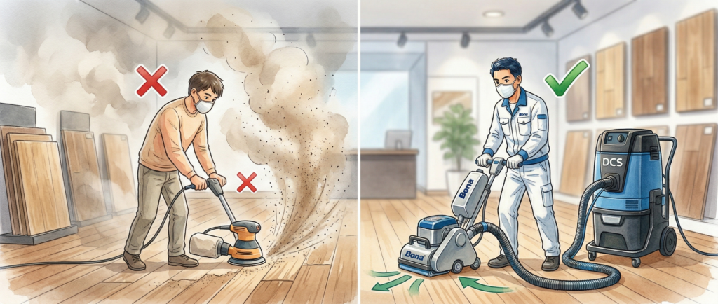 市販の集塵サンダーとBONA業務用ダストフリーシステムの粉塵回収性能を並べて比較した図