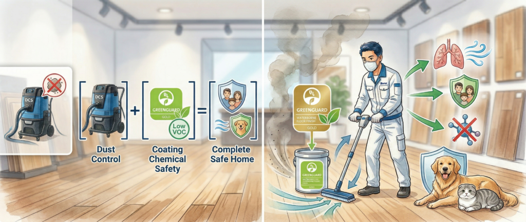 GREENGUARD GOLD認証の低VOC水性フロア仕上げ剤を使ってフローリングに塗布している様子