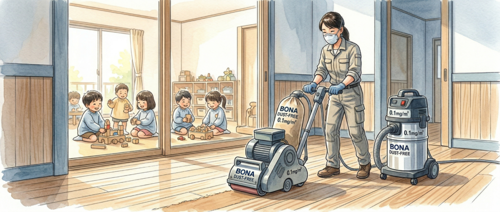 BONAダストフリーサンディングシステムによる無垢床の研磨再生施工