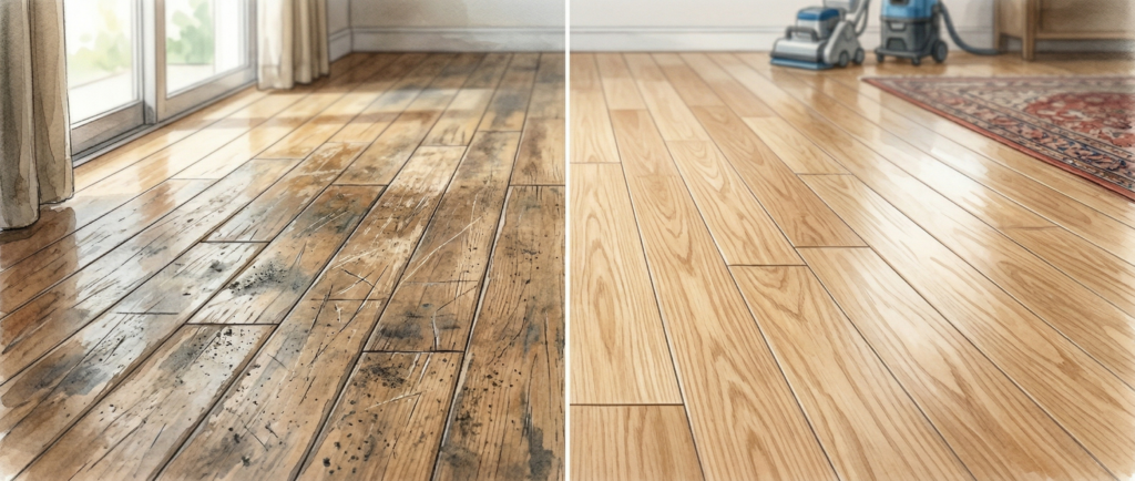 フローリング研磨の施工前後を比較した写真。左が傷・黒ずみのあるビフォー、右が研磨再生後のアフター