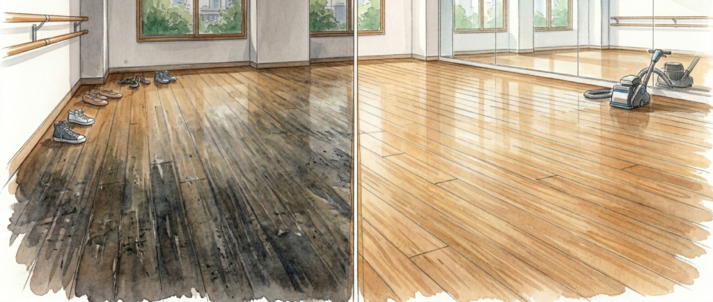 フロアサンディング施工前後のビフォーアフター比較。左は傷んだ床、右は研磨再生後の美しい木目