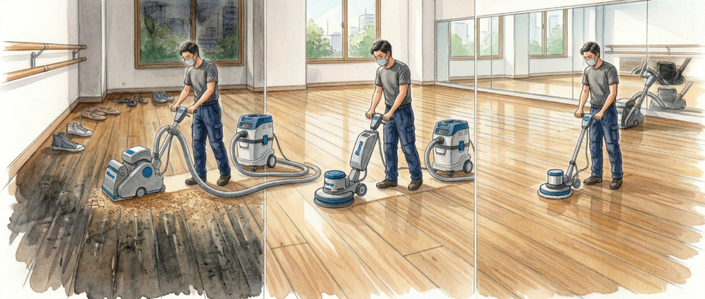 フロアサンディングの施工工程。粗削りから中仕上げ・仕上げ研磨まで段階的に研磨する施工シーン