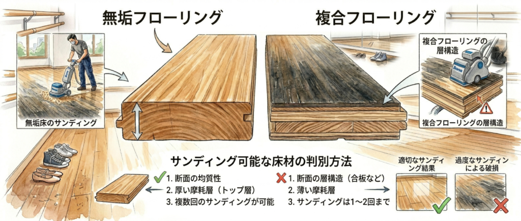 無垢フローリングと複合フローリングの断面比較。サンディング可能な床材の見分け方