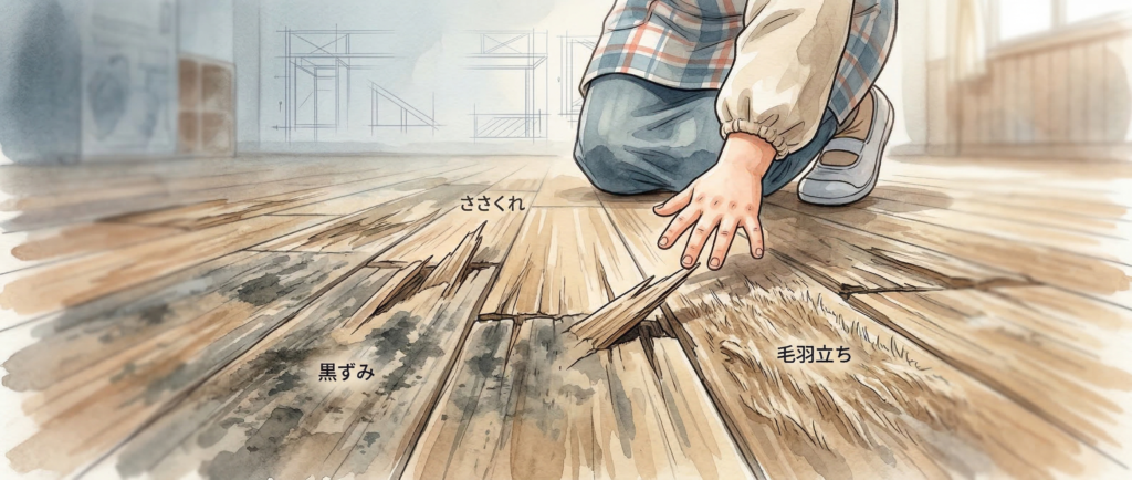 保育園の無垢床ささくれ毛羽立ち黒ずみ劣化の状態