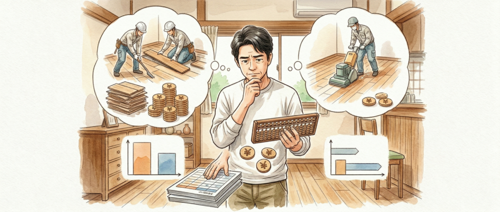 無垢フローリングサンディング再生と張替え費用比較イメージ