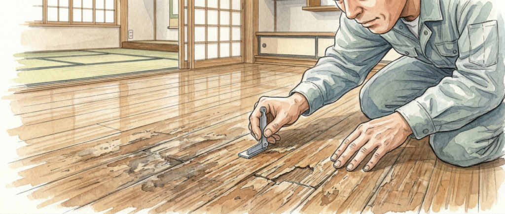 フロアサンディングが向かない床材や腐食・変形の状態確認