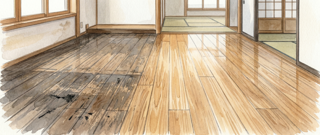 中古住宅の古い無垢フローリングを研磨再生する選択肢
