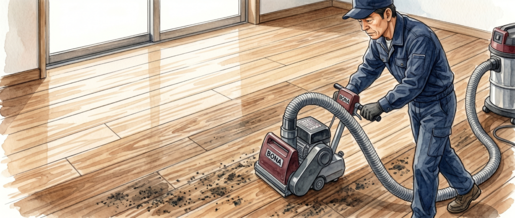 フロアサンディングで無垢フローリングのカビ菌糸ごと根本除去