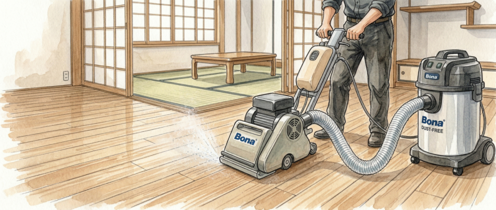 BONAダストフリーサンディングによる粉塵を抑えた中古住宅床研磨施工