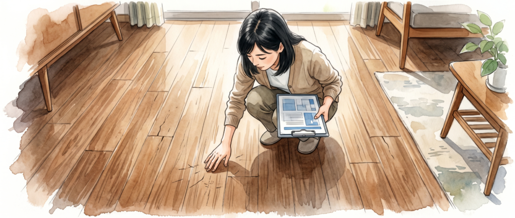 中古住宅の内見で無垢フローリングの状態をチェックする様子