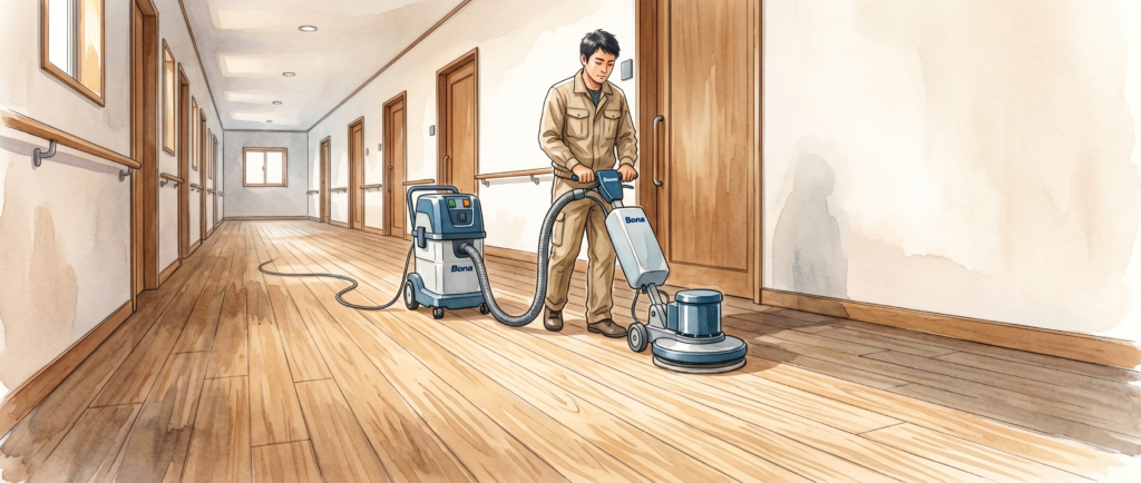 工期を確認しながら廊下の床を研磨する施工現場