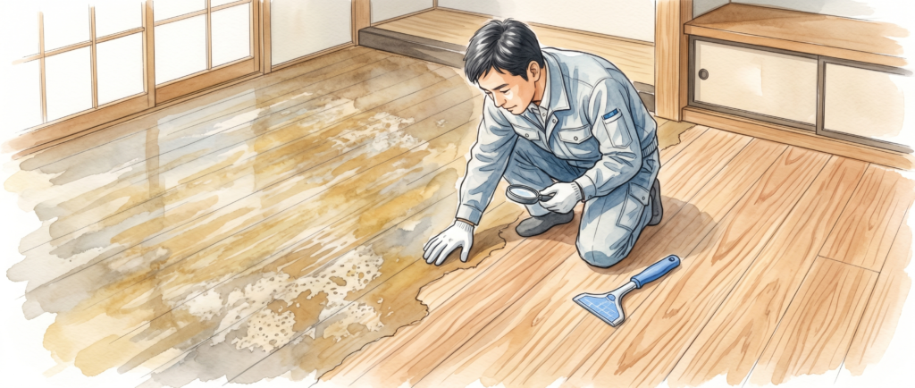 ワックス剥離に失敗した無垢床と研磨で再生される床のビフォーアフター