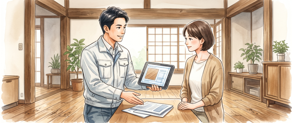 中古住宅の無垢床メンテナンスをプロが現地調査する様子