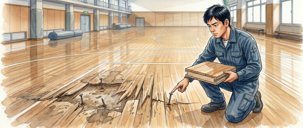 体育館の床研磨ができない床材と現地調査の必要性のイメージ