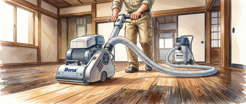 BONAダストフリーサンディングで無垢床を研磨する施工現場