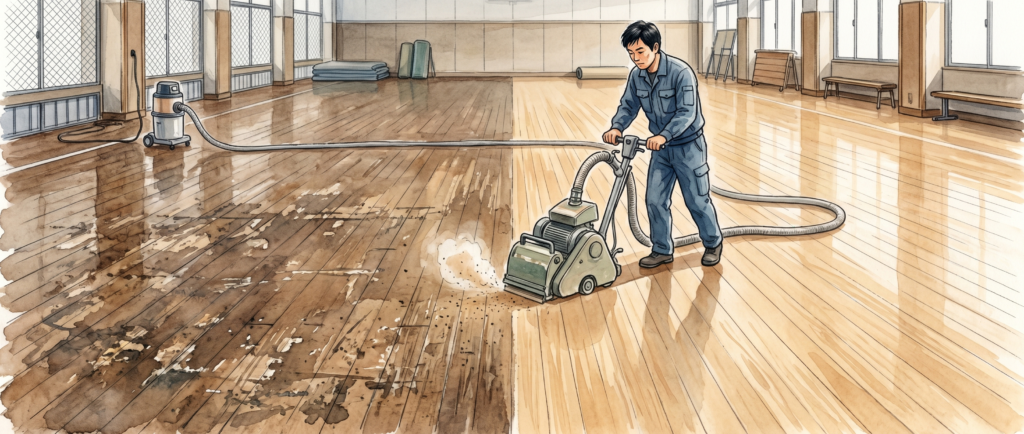 体育館の床研磨で傷・黒ずみ・滑りを再生する施工イメージ
