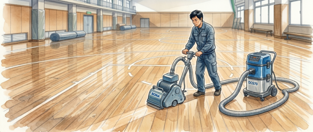 BONAダストフリーサンディングで体育館の粉塵を抑制する施工イメージ