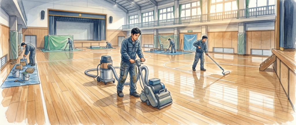 体育館の床研磨頻度と休館期間中の施工スケジュールイメージ
