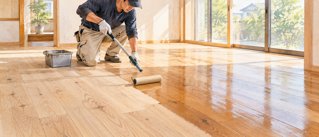 無垢床の研磨後に仕上げ材を塗り重ねる工程のイメージ図